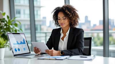 Selbstbewusste Geschäftsfrau analysiert Investment-Charts im modernen Büro