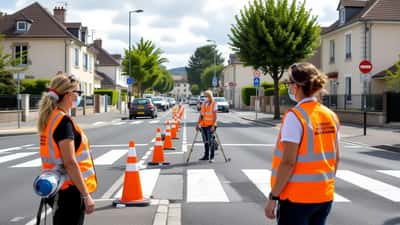 Ouvriers en gilet orange installant des bornes de sécurité sur un passage piéton à Couëron, Loire-Atlantique, août 2026