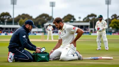 Injured fast bowler clutching his lower back on a cricket pitch as a physiotherapist attends to him