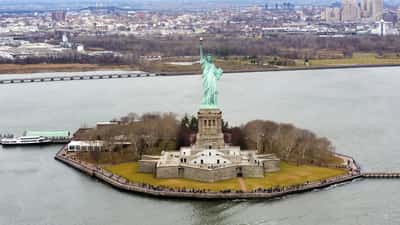 Aerial view of Liberty Island and the Statue of Liberty in New York Harbor