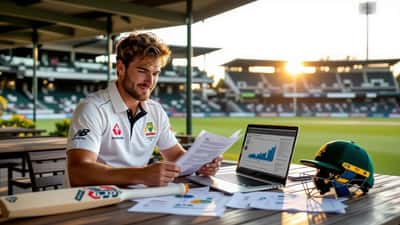 Young Australian cricketer reviewing financial documents at cricket pavilion