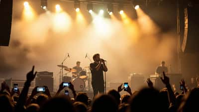 Concerto ao vivo em Portugal com artista no palco e luzes douradas, representando a gestão de carreira artística em 2026