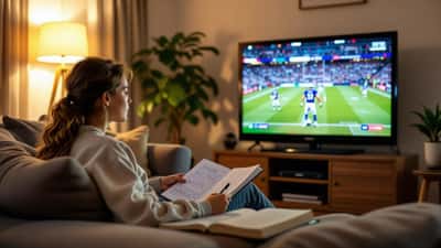 Australian teenager tallying NRL scores in a notebook while watching a rugby league match on TV