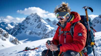 Alpinist überprüft Sauerstoffsättigung mit Pulsoximeter bei Höhenbiwak in den österreichischen Alpen