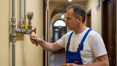 Idraulico certificato che ispeziona un impianto del gas in un edificio residenziale di Trieste