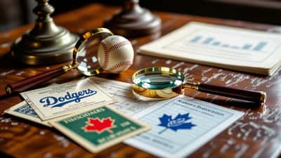 Cartes à collectionner Dodgers et Padres sur un bureau avec loupe et graphique financier