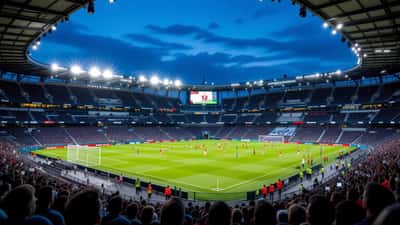 Stade de football français illuminé, symbolisant le passage professionnel de la Ligue 3 en 2026