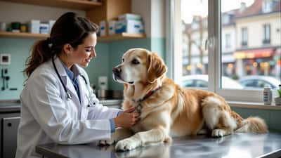 Vétérinaire examinant un chien anxieux dans une clinique parisienne lors de la Fête de la Musique 2026