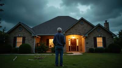 American homeowner examining storm damage to roof with dark clearing storm clouds in background