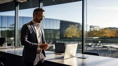 Executivo de tecnologia em sala de reuniões moderna com MacBook e iPhone na mesa