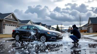 Hail-dented sedan on a Calgary street with melting ice stones on the ground after a summer hailstorm