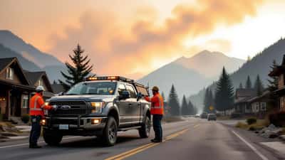 Homme vérifiant les pneus d'une camionnette sous un ciel orange enfumé par les feux de forêt en Colombie-Britannique