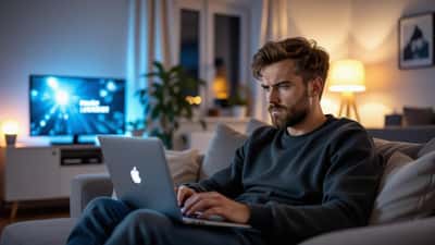 Mand ser alarmeret på laptop med falsk streaming-advarsel og mobilbank i hånden