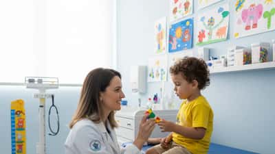 Pediatra brasileira em jaleco branco conversando com criança paciente em consultório claro em São Paulo