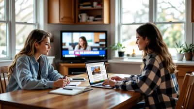 A parent and teenage student researching an Iran news story together on a laptop at a kitchen table
