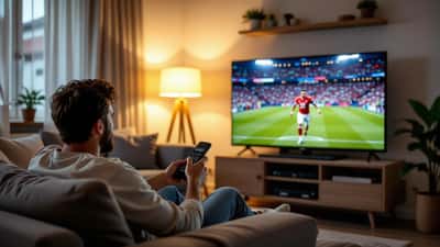 Tifoso guarda una partita di calcio in streaming su una smart TV nel salotto di casa