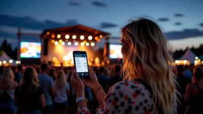 Orolig kvinna håller upp mobilen med en misstänkt biljettannons på en svensk sommarfestival i skymningen