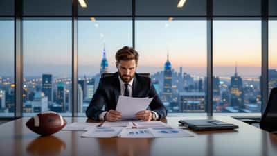 Professional advisor reviewing football transfer contract documents in a modern office with city skyline