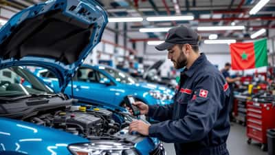 Mécanicien suisse testant la batterie d'une voiture après les célébrations du CM2026 dans un atelier à Genève