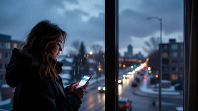 Femme inquiète à Ottawa regardant un faux message d'alerte météo sur son téléphone pendant un orage