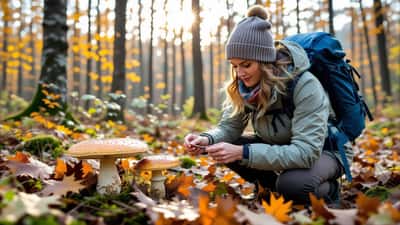 Frau im Wienerwald untersucht einen braunen Röhrling auf einem Herbstwaldboden und prüft die Röhren-Unterseite