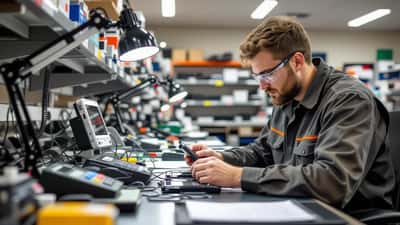 Electronics technician examining a flagship smartphone and replacement battery in a UK phone repair shop