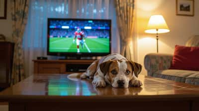 Frightened dog hiding under a table at night during loud World Cup celebrations in an Australian home