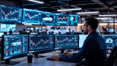 Technology professional analyzing Tesla stock charts and autonomous vehicle data on multiple monitors