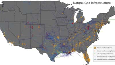 Mapa de infraestructura de gas natural en Estados Unidos mostrando redes de distribución
