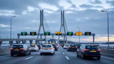 Biler på E20-motorvejen ved Storebæltsbroens betalingsanlæg i 2026
