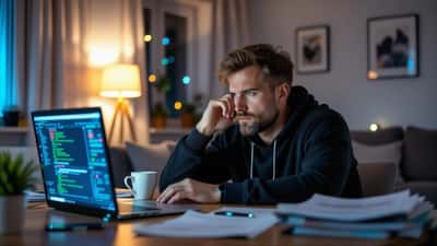 Stresset ung mand sidder i mørkt rum foran en laptop med sportsbetting odds om natten