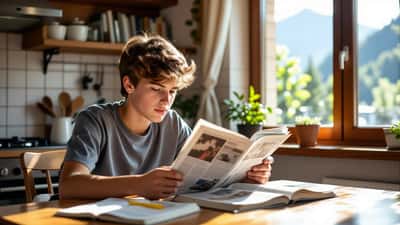 Adolescent lisant un tabloïd britannique et notant du vocabulaire anglais dans un cahier