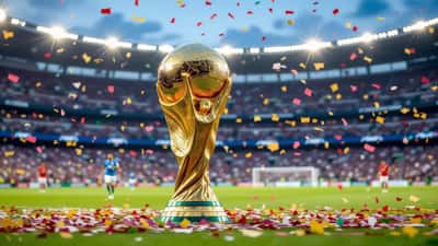 FIFA World Cup trophy under stadium lights with 2026 tournament atmosphere