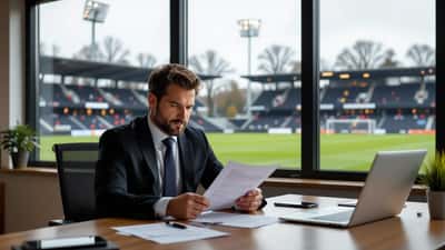 Sportrechtadvocaat bekijkt spelercontract in kantoor met uitzicht op voetbalstadion Oss
