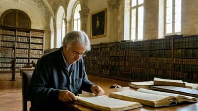 Investigador português a examinar manuscritos históricos numa biblioteca neoclássica em Lisboa, estantes com livros encadernados ao fundo