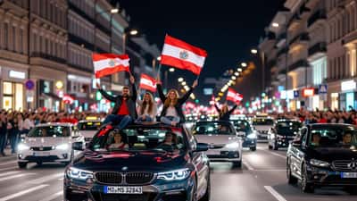 Fußballfans feiern den WM-Sieg mit einem Autokorso bei Nacht, mehrere Personen sitzen auf einem Auto und schwenken Fahnen