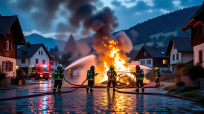 Feuerwehrleute löschen einen Brand in einem österreichischen Dorf bei Nacht