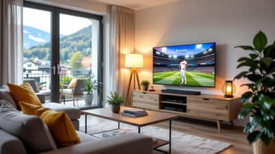Wohnzimmer mit Fernseher und Laptop, Servus-TV-Streaming im Fokus, Medienrecht- und Österreich-Symbole 2026