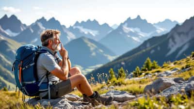 Älterer Wanderer macht Pause auf Alpenweg und prüft seinen Puls — Herzgesundheit beim Bergwandern in Tirol