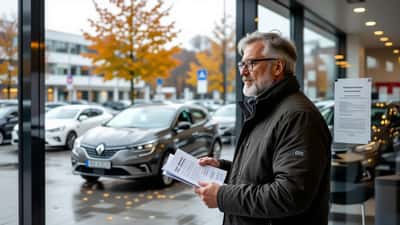 Kunde mit Kaufunterlagen vor einem Renault-Autohaus in Berlin