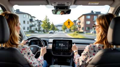 Svensk elbilsförare ser på batteriindikatorn i bilen med en omledningsskylt synlig genom vindrutan i Stockholm
