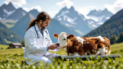 Vétérinaire examinant un veau dans une étable alpine suisse