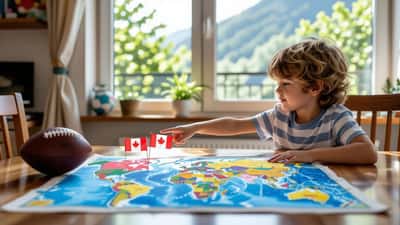 Enfant pointant le Maroc et le Canada sur un planisphère, avec un ballon de foot et des drapeaux