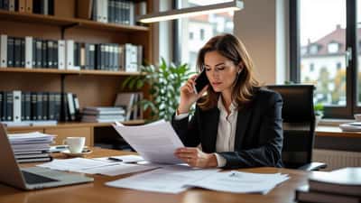 Rechtsanwältin prüft Akten zu einem Familiengewaltfall in einem österreichischen Büro