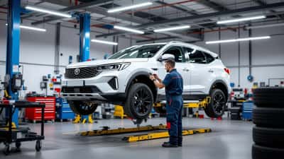 Mechanic inspecting a Chinese-branded SUV raised on a lift in a UK service garage