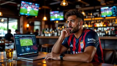 Aficionado hispano del Espanyol mirando preocupado la clasificación de La Liga en una pantalla de bar en Miami