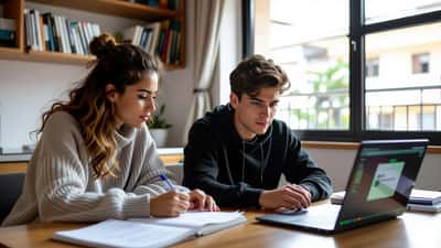 Professora particular usando laptop com interface de IA ao lado de aluno em sessão de tutoria em São Paulo