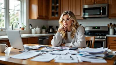 Person reviewing debt documents and bills at a kitchen table in Canada 2026