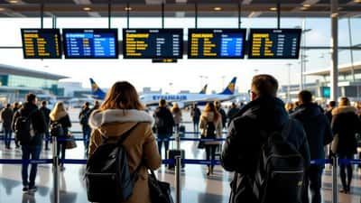 Passengers at an airport gate checking Ryanair flight delay information on departure screens