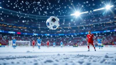 Soccer ball arcing high across a floodlit stadium pitch during a night match, illustrating projectile motion